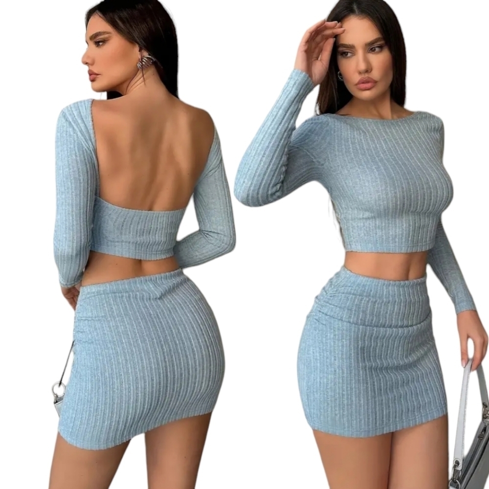 NEW Classy Y2K 2-Piece Cropped Backless Soft Ribbed Top and Mini Skirt sz M
